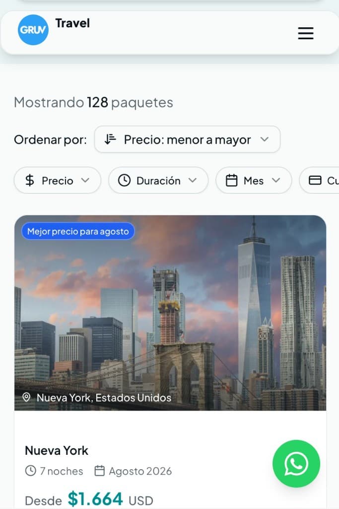 Ejemplo de listado de paquetes turísticos en vista mobile con filtros y tarjeta de destino.